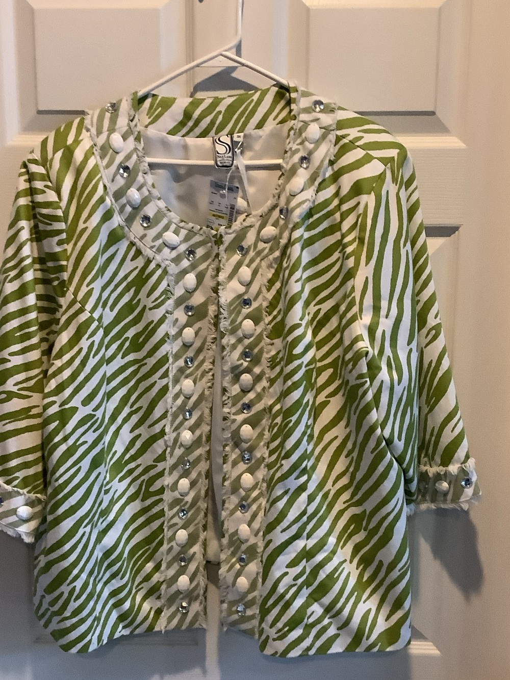 SilkLand‎ Green and White Zebra Print Embellished Jacket